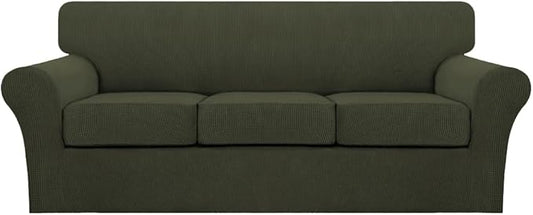 Turquoize 4 Piece Sofa Covers for 3 Cushion Couch Sofa Slipcover Soft Couch Cover for Dogs-Washable Sofa Furniture Cover with 3 Individual Cushion Covers (3 Cushion Sofa, Olive)