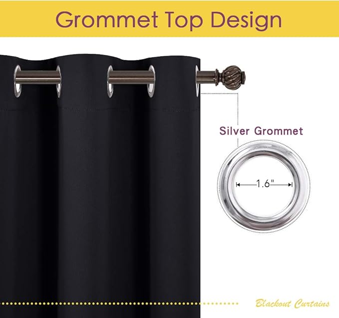 NICETOWN Blackout Curtains 45 Inches Long Kitchen Drapes, Black Solid Thermal Insulated Grommet Blackout Drapery Panels for Window (2 Panels, 42 Inch Wide by 45 Inch Long, Black)