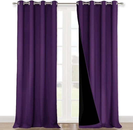 NICETOWN Truly Blackout Drapes for Living Room, Heavy-Duty Full Light Shading Curtain Set with Black Liner Backing for Villa/Hall/Dorm Window（Royal Purple, Package of 2, 52 inches W x 95 inches L