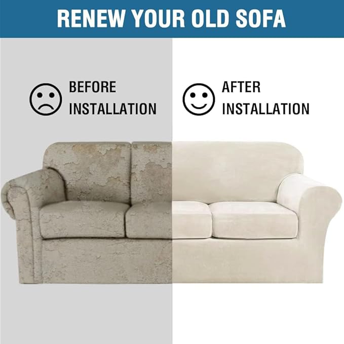 H.VERSAILTEX Modern Velvet Plush 4 Piece High Stretch Sofa Slipcover Furniture Protector Form Fit Luxury Thick Velvet Extra Large Sofa Cover for 3 Cushion Couch Width Up to 105 Inch(XL Sofa, Ivory)