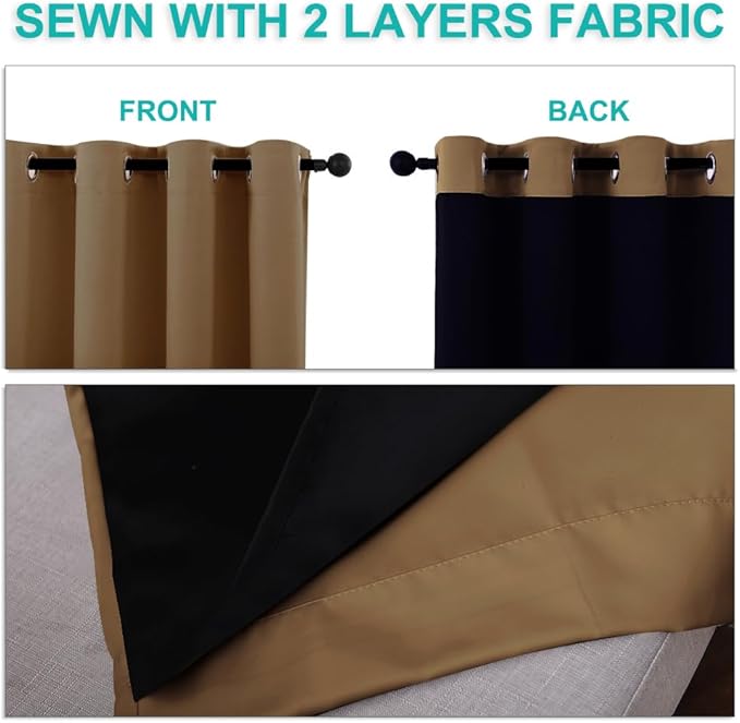 NICETOWN 100% Blackout Window Curtain Panels, Gold Brown, 2 Pieces, 70-inch Wide Per Panel, Full Light Blocking Drapes with Black Liner for Nursery, 72-inch Drop Thermal Insulated Draperies