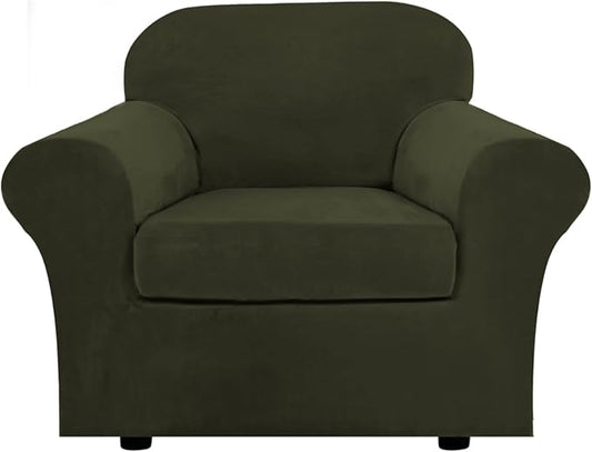 H.VERSAILTEX Rich Velvet Stretch 2 Piece Cover Chair Slipcover Sofa Cover Furniture Protector Couch Soft with Elastic Bottom Chair Couch Cover Width Up to 49 Inch (Chair, Olive)