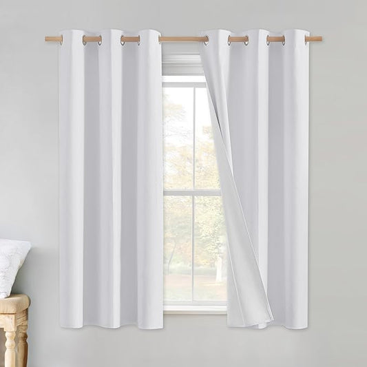 NICETOWN 100% Absolutely Blackout Linen Curtains with Thermal Insulated White Liner, White, 34 inches Wide, 48 inches Length Energy Saving Curtains for Cupboard 2 Panels Set, Vertical Blinds