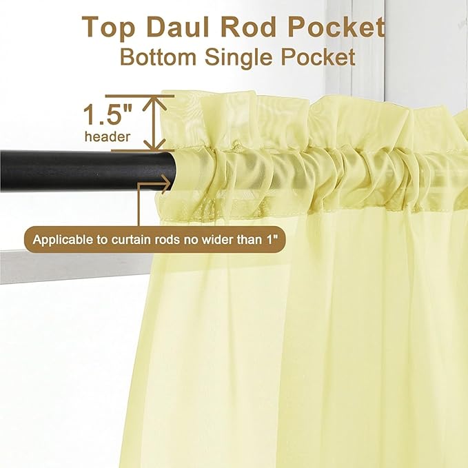 Chyhomenyc Short Sheer Curtains 30 inch Length 2 Panels - Light Filtering Voile Rod Pocket Window Curtians for Bathroom Living Room Farmhouse Small Windows, 42Wx30L inches, Light Yellow