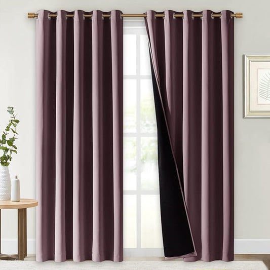 NICETOWN 100% Blackout Window Curtain Panels, Cold and Full Light Blocking Drapes with Black Liner for Nursery, 84 inches Drop Thermal Insulated Draperies (Dry Rose, 2 PCs, 70 inches Wide Each Panel)