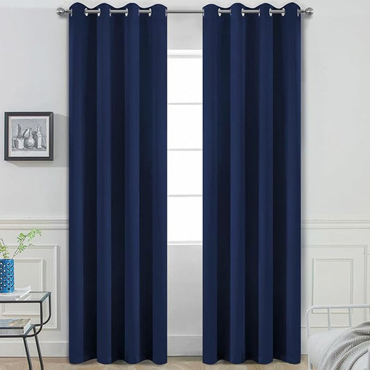 Yakamok Blackout Curtains Room Darkening Thermal Insulated Window Panels,Solid Grommet Top Drapes for Bedroom/Living Room(52Wx90L, Navy Blue, 2 Panels)