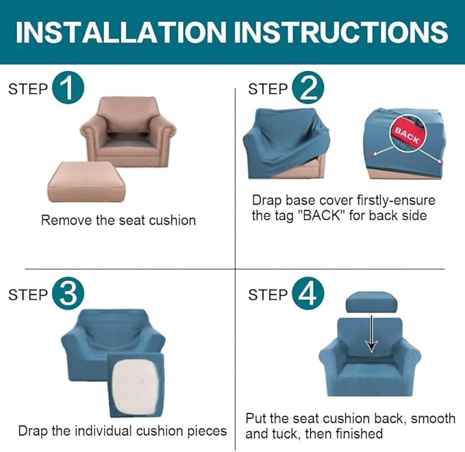 Turquoize 2 Piece Chair Covers Chair Slipcovers for Living Room Armchair Couch Cover Chair Sofa Cover with Individual Cushion Covers Furniture Cover for Chairs Feature Thick Fabric (Chair, Dusty Blue)
