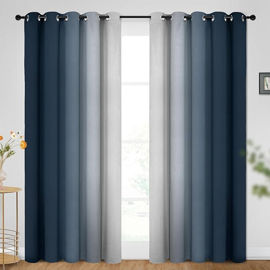 SimpleHome Ombre Room Darkening Curtains for Bedroom, Gradient Navy Blue to Grey White Light Blocking Thermal Insulated Grommet Window Curtains/Drapes for Living Room,2 Panels, 62x84 inches Length