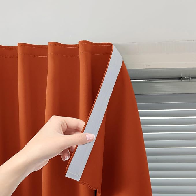 Self Adhesive Curtains Portable Blackout Curtain Simple and Easy to Install Bedroom Window Thermal Lnsulated Kitchen Room Darkening Black Small Drapes, 47" W X 96" L, Orange, 1 Panel