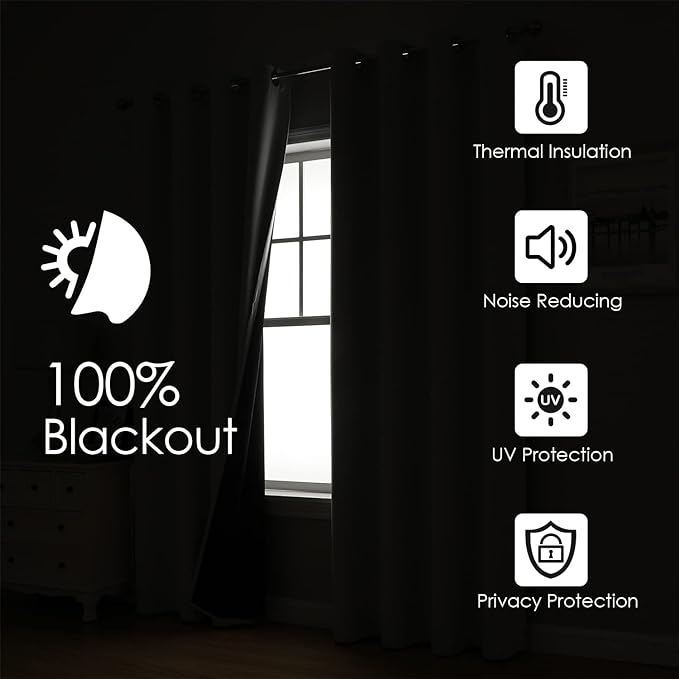 ChrisDowa 100% Blackout Curtains for Bedroom with Black Liner, 2 Thick Layers Total Blackout Thermal Insulated Grommet Window Curtains 2 Panels Set (Black, 52 x 72 Inch)