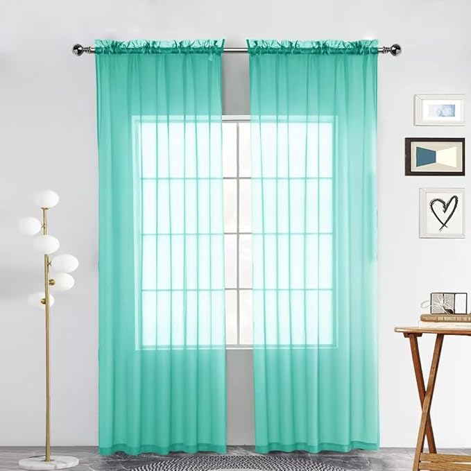 SpaceDresser Sheer Voile Window Treatment Rod Pocket Curtain Panels for Kitchen Bedroom Living Room Drapes Sunlight Filtering Privacy Semi Home Decor Assorted Colors Sizes (Turquoise, 52 W x 90 L)