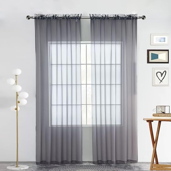 SpaceDresser Sheer Voile Window Treatment Rod Pocket Curtain Panels for Kitchen Bedroom Living Room Drapes Sunlight Filtering Privacy Semi Home Decor Assorted Colors Sizes (Grey, 52 W x 45 L)