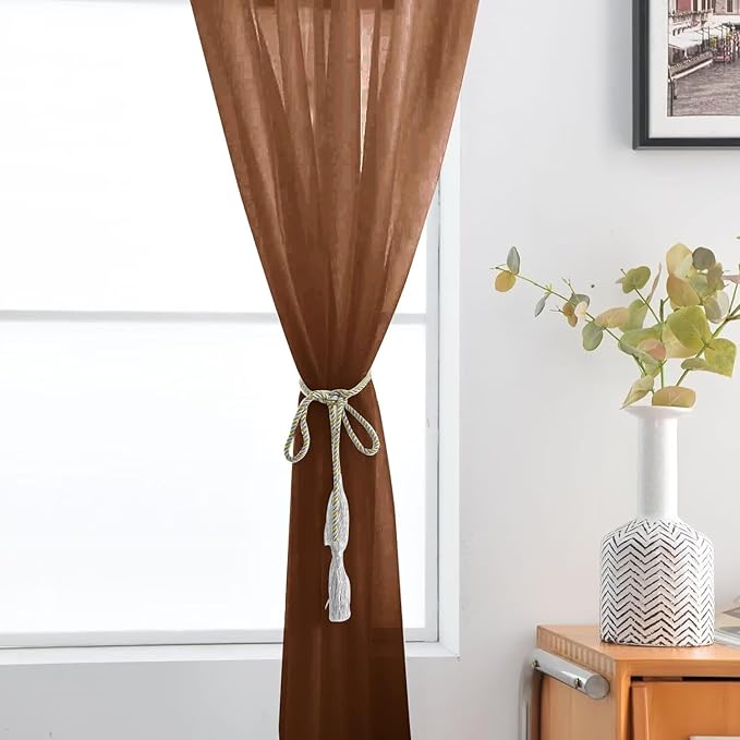 SpaceDresser Sheer Voile Window Treatment Rod Pocket Curtain Panels for Kitchen Bedroom Living Room Drapes Sunlight Filtering Privacy Semi Home Decor Assorted (Brown, 52 W x 45 L)