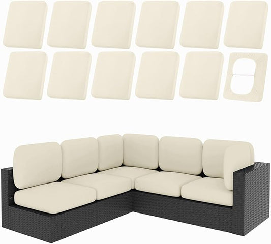 hyha 12Pcs Patio Cushion Covers, Stretch Outdoor Couch Cushion Covers Replacement, Washable Outdoor Chair/Sofa Slipcovers for Patio Furniture Cushions Protector with Elastic Bottom(Beige,Cover Only)