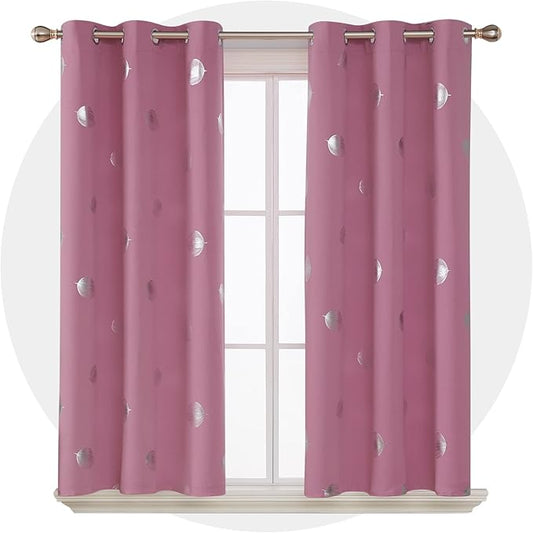 Deconovo Blackout Curtains Thermal Insulated Palm Fan Foil Print Grommet Room Darkening Curtain for Kids Bedroom 42 x 63 Inch Pink 2 Panels