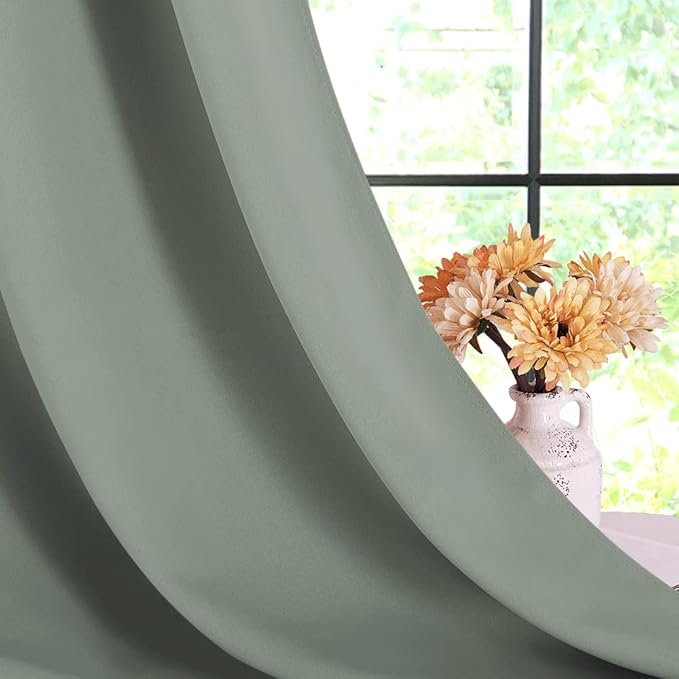 NICETOWN Blackout Draperies Curtains for Kids Room, Window Treatment Thermal Insulated Solid Grommet Blackout Drape Panels for Bedroom (Greyish Green, Set of 2, 70 by 84 inches)