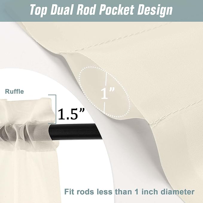 Cream Small Sheer Curtains 2 Panels Set, Kitchen Curtains 36 Inch Length, Elegant Light Filtering Short Window Drapes for Living Room Bedroom, Dual Rod Pocket Design, 2x42Wx36L Inches