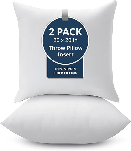LANE LINEN 20x20 Pillow Inserts - Set of 2 Lightweight Down Alternative Square Pillows, White Throw Pillows for Bed, Decorative Pillows for Couch Bed, Firm Pillows for Living Room