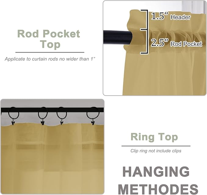 OWENIE Sheer Gold Curtains 108 Inches Long for Living Room Bedroom 2 Panels Set, Lightweight Airy Gold Sheer Curtain, Filmy Voile Rod Pocket, 2 PCS, Each 59" W x 108" L