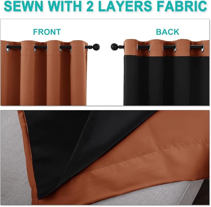 NICETOWN Full Shading Curtains for Windows, Super Heavy-Duty Black Lined Blackout Curtains for Bedroom, Privacy Assured Window Treatment (Burnt Orange, Pack of 2, 62 inches W x 95 inches L)
