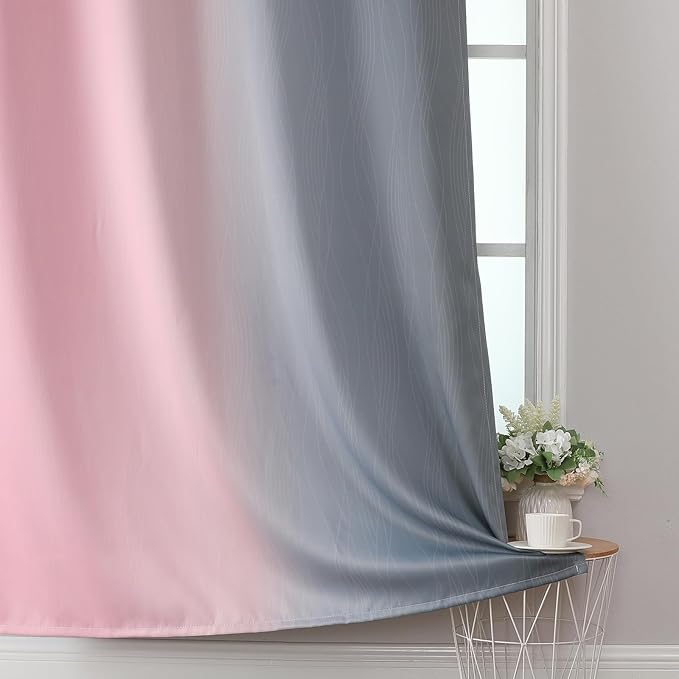Estelar Textiler Pink and Grey Ombre Blackout Curtains 102 Inches Long for Bedroom, Thermal Insulated Full Room Darkening Grommet Gradient Drapes for Living Room, 52Wx102L, 2 Panels