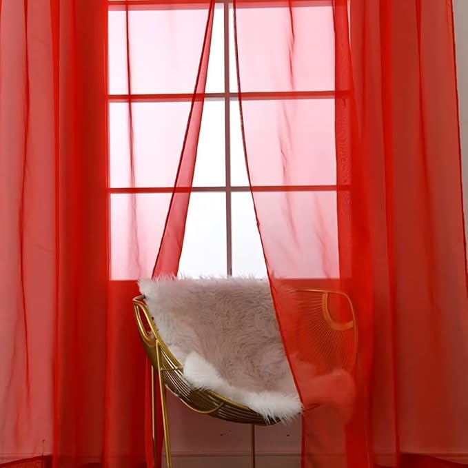 SpaceDresser Sheer Red Curtains 4 Panels Rod Pocket Semi-Sheer Curtain 96 Inches Long Light Filtering Voile Window Drapes for Bedroom Living Room Kitchen, Each 52W x 96L