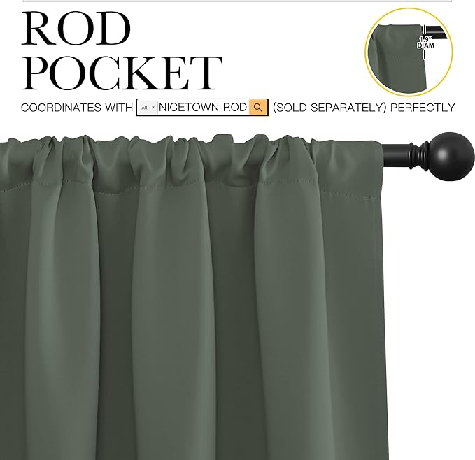 NICETOWN Bedroom Curtains Blackout Draperies - All Season Thermal Insulated Solid Rod Pocket Top Blackout Curtains/Drapes for Kid's Room (Dark Mallard, 1 Pair, 52 x 72 Inch)