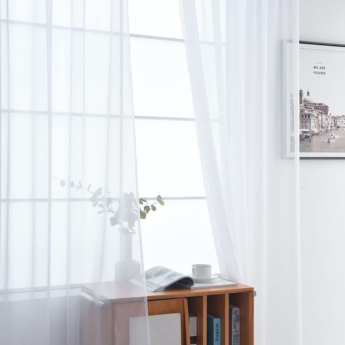 SpaceDresser Basic Rod Pocket Sheer Voile Window Curtain Panels White 1 Pair 2 Panels 52 Width 90 Inch Long for Kitchen Bedroom Children Living Room Yard(White,52 W x 90 L)