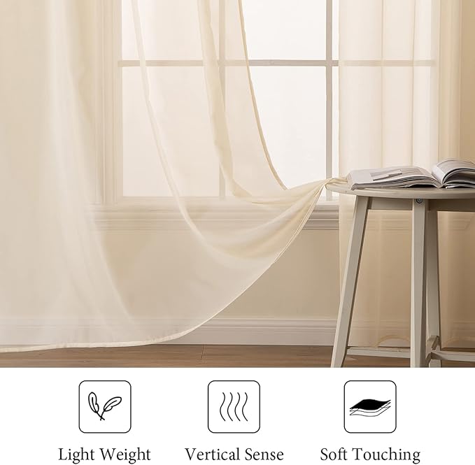 MIULEE Cream Beige Window Sheer Curtains for Bedroom Living Room Solid Elegant Net Drapes 2 Panels Width 38 x Length 63 Inches