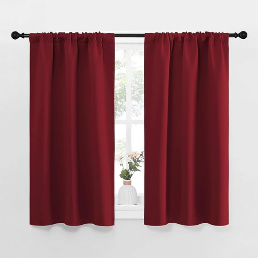 NICETOWN Christmas Burgundy Curtains Blackout Drape Panels - Lights Block Out Window Treatment Short Curtain Sets for Loft and Basement Decoration (Set of 2, 34 by 45-Inch)