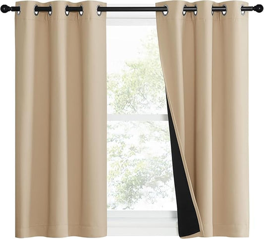 NICETOWN Bedroom Full Blackout Curtain Panels, Set of 2 Pcs, 37 by 50-inch, Biscotti Beige, Super Thick Insulated Grommet Drapes, Double-Layer Blackout Draperies with Black Liner for Small Window
