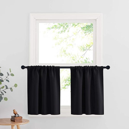 RYB HOME Cafe Blackout Curtains 24 inch Length, RV Curtains for Camper Windows, Mini Short Small Insulating Light UV Heat Blocking Privacy Half Window Tiers, Width 29 by Length 24, Black, 2 Panels