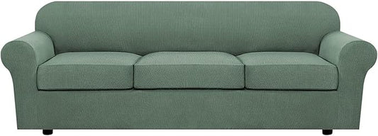 H.VERSAILTEX 4 Piece Stretch Sofa Covers for 3 Cushion Couch Covers for Living Room Furniture Slipcovers (Base Cover Plus 3 Seat Cushion Covers) Thicker Jacquard Fabric (Large Sofa, Loden Frost)