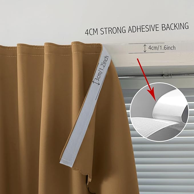 Self Adhesive Curtains, Stick Curtain Blackout Shades Window Cover Curtains for Living Room No Drilling, 35" W X 59" L, Brown, 1 Panel