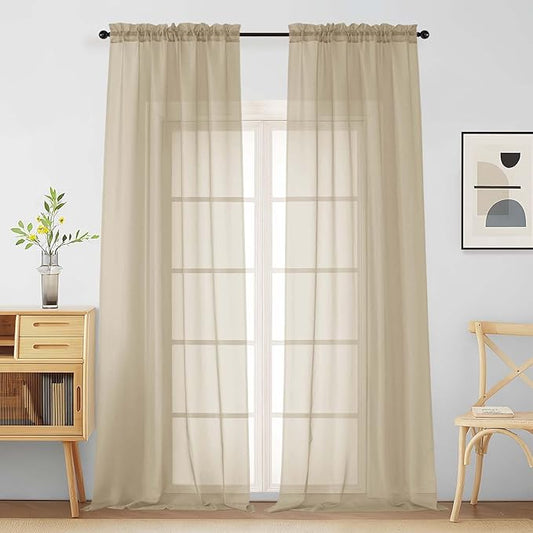 Taupe Sheer Curtains for Window 96 Inches Long 2 Panels Set, Soft Airy Light Filtering Voile Sheer Curtains for Living Room Bedroom, Dual Rod Pocket Elegant Window Drapes, 2x42Wx96L Inches
