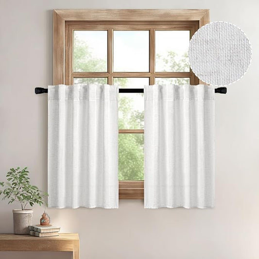 MIULEE White Curtains 36 Inch Length 2 Panels, Soft Thick Linen Textured Semi Sheer Light Filtering Kitchen Window Curtains Over Sink Small Tier for Bathroom Window Back Tab Rod Pocket