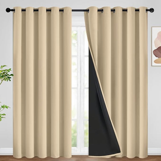 SimpleHome 100% Blackout Curtains for Bedroom,Thermal Insulated Beige Grommet Window Drapes Room Darkening Curtains for Living Room with Black Back,62 x 84 Inch,2 Panels