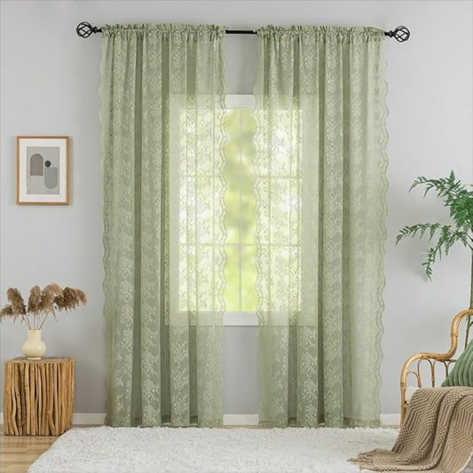 YJ YANJUN Vintage Lace Curtains 108 Inches Long-Victorian Floral Pattern Boho Sage Green Sheer Curtain Panels for Dining Room Living Room Big Windows and High Ceilings 2 Panels