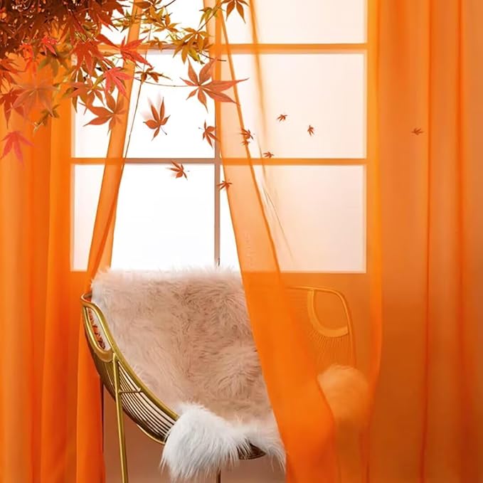 SpaceDresser Basic Rod Pocket Sheer Voile Window Curtain Panels Orange 2 Panels 52 Width 90 Inch Long for Kitchen Bedroom Children Living Room Yard(Orange,52 W x 90 L)