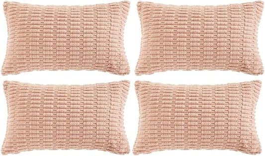 Fancy Homi 4 Packs Boho Pink Decorative Throw Pillow Covers 12x20 Inch for Living Room Couch Bed Sofa, Rustic Modern Farmhouse Home Decor, Soft Plush Corduroy Cute Square Cushion Case 30x50 cm
