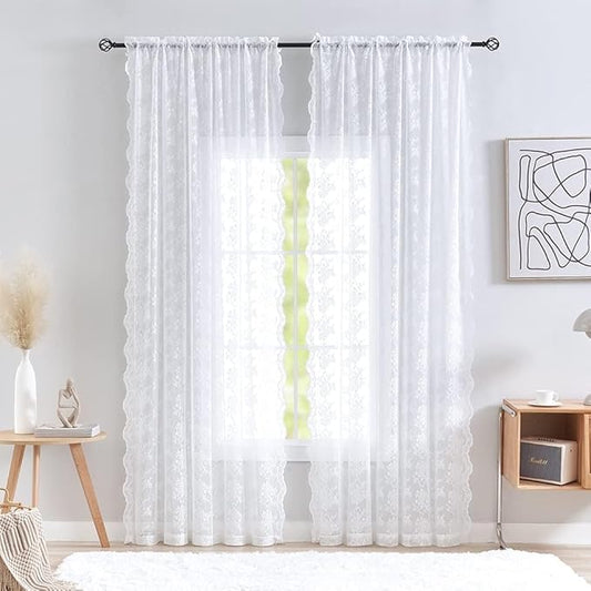 YJ YANJUN Vintage Lace Curtains 120 Inches Long-Victorian Floral Pattern White Sheer Curtain Panels for High Ceiling to Floor Large Windows, Light Filtering, 10 Foot Drapes Privacy W52xL120 10 FT