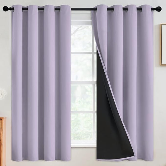 SimpleHome 100% Blackout Curtains for Bedroom,Thermal Insulated Grommet Window Drapes Room Darkening Lilac Curtains for Living Room with Black Back,52 x 63 Inch,2 Panels