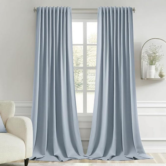 MIULEE Light Blue Back Tab Blackout Curtains 108 Inch Long 2 Panels Set for Bedroom, Rod Pocket/Pinch Pleat Extra Long Thermal Insulated Living Room Darkening Pleated Light Blocking Drapes
