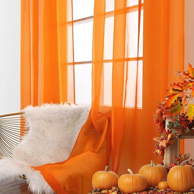 SpaceDresser Basic Rod Pocket Sheer Voile Window Curtain Panels White 1 Pair 2 Panels 60 Width 84 Inch Long for Kitchen Bedroom Children Living Room Yard(Orange,60 W x 84 L)