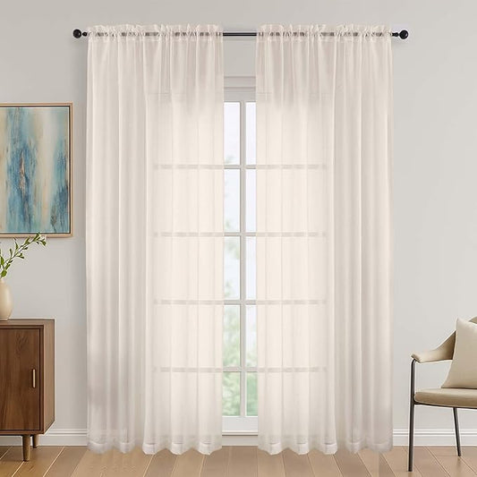 OVZME Cream Sheer Curtains 84 Inches Long 2 Panels Set, Light Filtering Sheer Curtains for Living Room Bedroom 59 Inch Extra Wide, Modern Voile Filmy Rod Pocket Window Drapes, 59Wx84L Inches