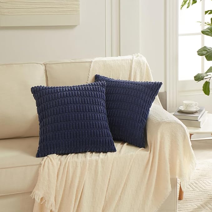 Fancy Homi 4 Packs Navy Blue Decorative Throw Pillow Covers 14x14 Inch for Living Room Couch Bed Sofa, Rustic Modern Farmhouse Boho Home Decor, Soft Plush Corduroy Cute Square Cushion Case 35x35 cm