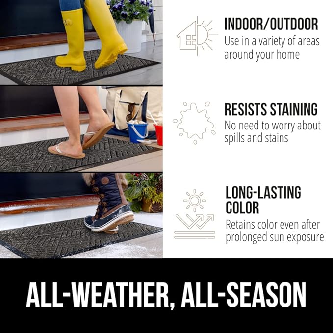 GORILLA GRIP 100% Waterproof All-Season WeatherMAX Doormat, 47x35, US Designed Natural Rubber, Stain and Fade Resistant, Low Profile Indoor Outdoor Door Mats, Easy Clean Patio Mat, Gray Diamond
