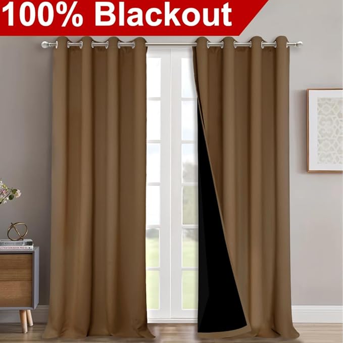 NICETOWN 100% Blackout Blinds, Set of 2, 46" x 96", Gold Brown, Laundry Room Decor Window Treatment Curtains for Large Patio Sliding Door, Thermal Insulated Curtains for Bedroom