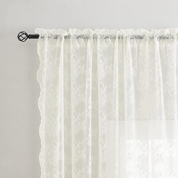 YJ YANJUN Vintage Lace Curtains Ivory Floral 105 inch Curtains 2 Panels for Living Room Rod Pocket Floor to Ceiling Drapes for Patio Sliding Glass Door Custom Scalloped Edges 52" W x 105" L Cream
