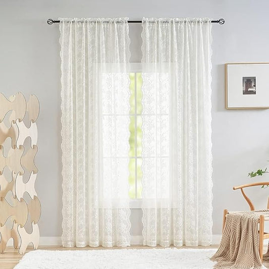 YJ YANJUN Vintage Lace Curtains Ivory Floral 105 inch Curtains 2 Panels for Living Room Rod Pocket Floor to Ceiling Drapes for Patio Sliding Glass Door Custom Scalloped Edges 52" W x 105" L Cream